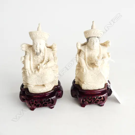 CHINESE CARVED IVORY EMPEROR & EMPRESS ON STANDS H.140mm