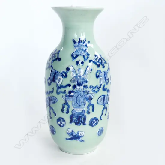 CHINESE CELADON VASE w 'PRECIOUS OBJECTS' DETAIL. H.250mm