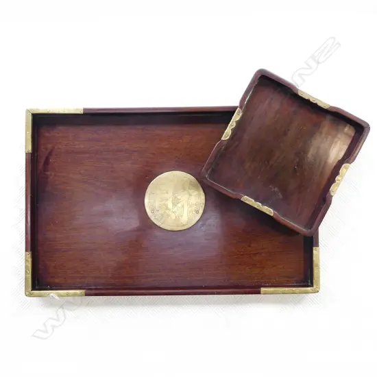 2 CHINESE TRAYS, WOOD w BRASS DETAIL,1 LRG,1 SML