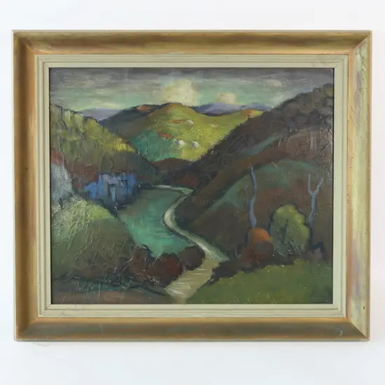 CHARLES ROSE, LAKE SCENE, 1975, OIL ON BOARD, 430 x 510mm