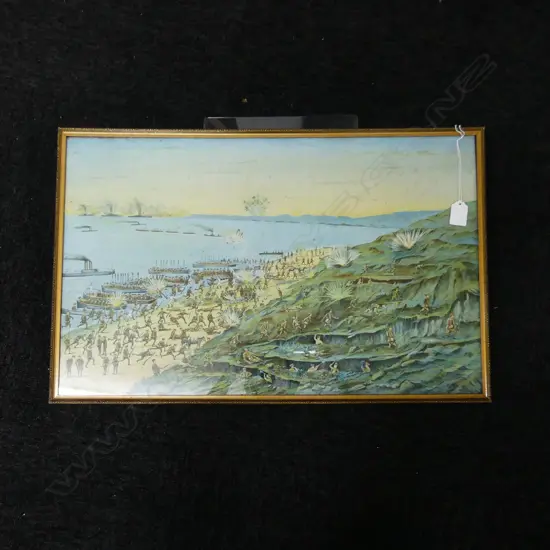 Capt. T.F. Nichols 'Anzac Cove Landing of New Zealander's on Gallipoli at 9.30 a.m. on April 25th 1915' chromolithograph 375 x 650mm