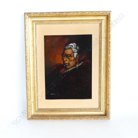 VELVET PAINTING OF MAORI MAN SIGNED VASIT 380x280mm GILT FRAME