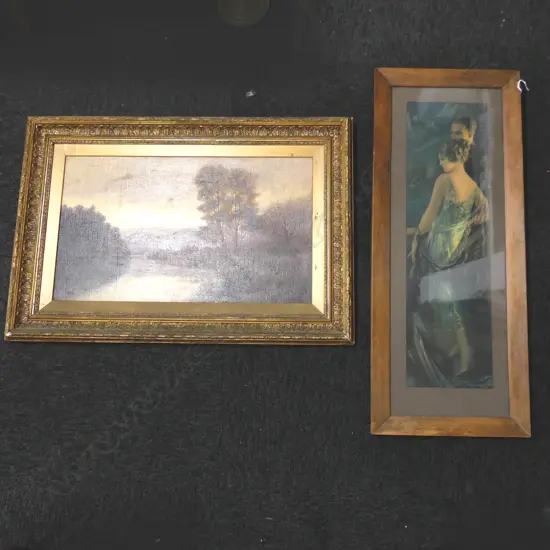 2 ARTWORKS; 1920s 'HONEYMOONING IN THE ALPS' PRINT 650x185mm, UNSIGNED EARLY 20thC LANDSCAPE OIL ON CANVAS 345x590mm