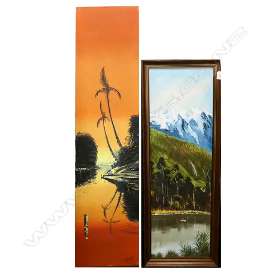 2 OIL ON BOARD LANDSCAPES; C.PICKWORTH 1195x300mm, M. FINNERTY 'LAKE MATHESON' 900x280mm