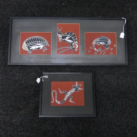 2 ABORIGINAL SKELETON ARTWORKS, ACYRLIC ON CANVAS, LIZARD 190x145mm & 3 FRAMED WORKS 310x745mm overall