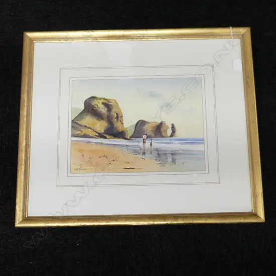 SIGNED PIHA FISHING W/C 'FIRST LESSON' 260x355mm