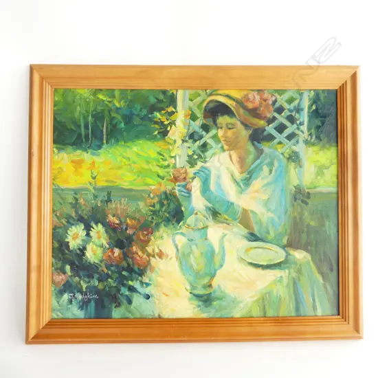 J. HODGKINS, LADY IN GARDEN, OIL ON BOARD 395x495mm