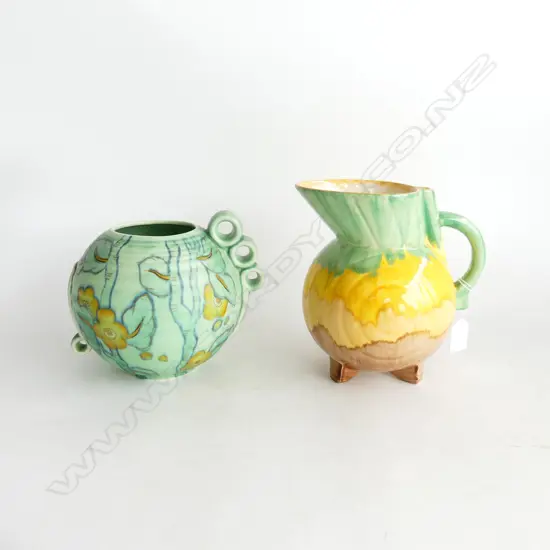 GREEN CROWN DEVON GLOBE VASE (minor hairlines) + DECO JUG H.195mm