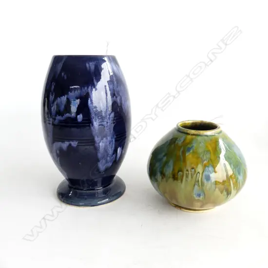 2 1940S C/LYNN VASES TALLEST 190MM BLUE GLAZE & 110MM GREEN GLAZE
