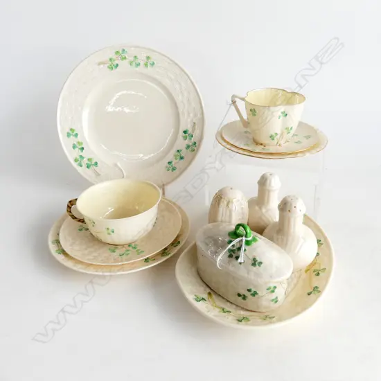 SMALL COLLECTION SHAMROCK PAT BELLECK CHINA 2CSPS LIDDED JAR CONDERMENTS ETC