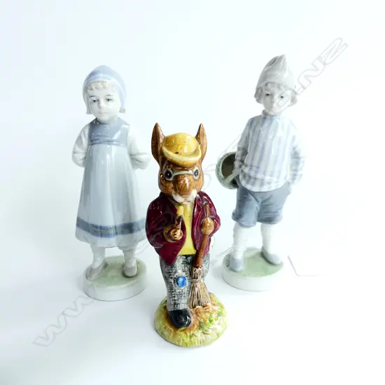 3 PORCELAIN FIGURES; BOY & GIRL H.145mm + ROYAL DOULTON 'MR BUNNKINS'