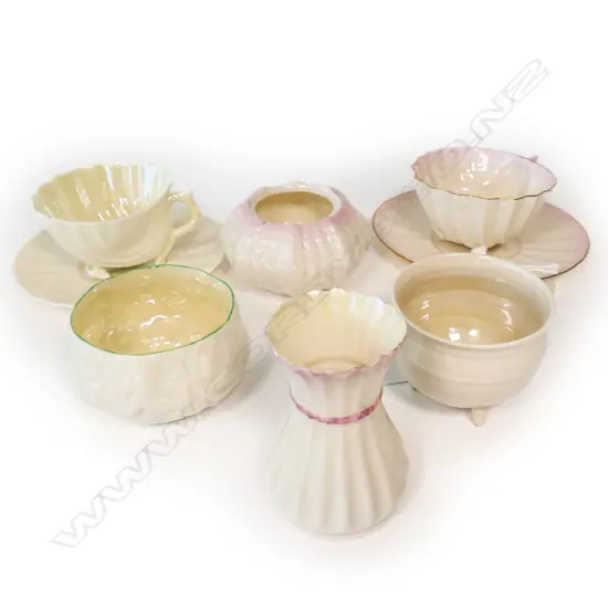 7 SM PCS BELLEEK CHINA: 4 X BLACK MARK & 2 GREEN MARK CUPS & SAUCERS