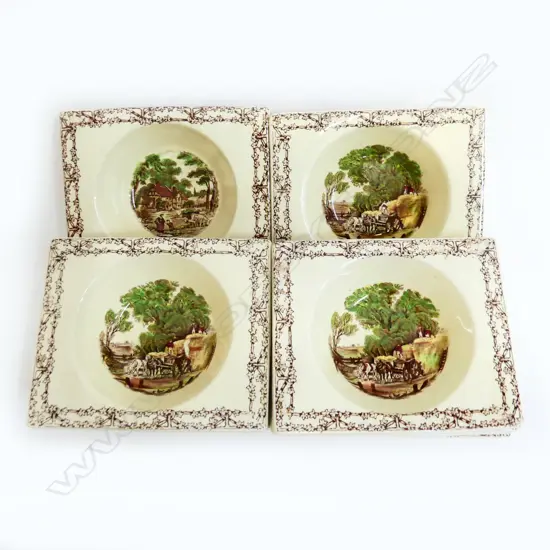 12 DECO DESSERT PLATES, PASTORAL SCENE, 'THE BIARRITZ' ENGLISH ROYAL STAFFORDSHIRE