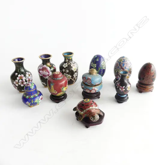 12 SMALL CLOISONNE ITEMS, 3 EGGS ON STANDS, 4 VASES, 2 GINGER POTS, TURTLE & OTHERS