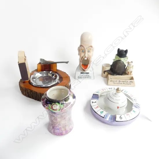 4 NOVELTY ASHTRAYS + BISQUE CAT MATCH STRIKER
