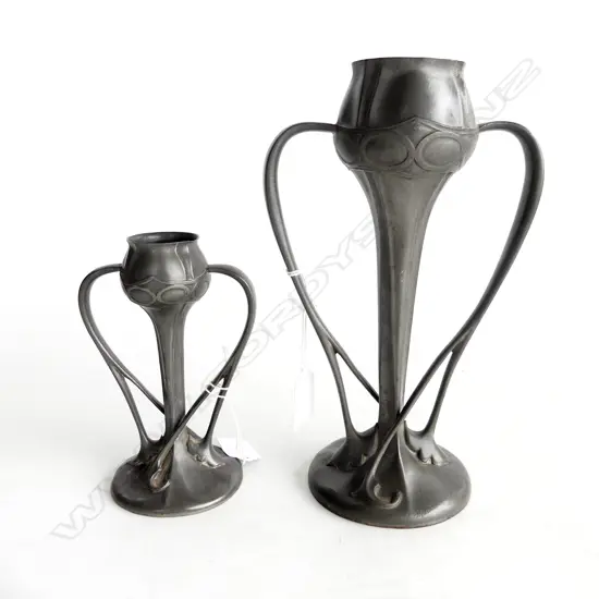 TWO ENGLISH PEWTER (TUDRIC) VASES,  NOUVEAU WITH BUD-LIKE TENDRILS, BOTH No.029, H. 250 &170mm