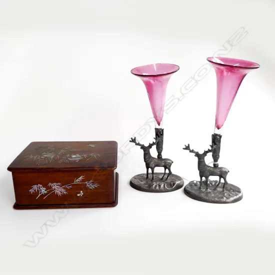 OLD JAPANESE HARDWOOD SLIDING BOX, INLAID MOP GEESE ETC PLUS PAIR PLATED DEER EPERGNE STANDS H.120mm