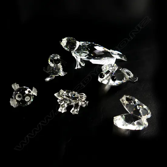 6 PCES SWAROVSKI CRYSTAL; 2 SEALS, 2 FROGS, FISH, CLAM - ALL IN ORIG. BOXES