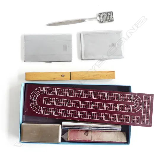 2 EP CIGARETTE CASES, CRIBBAGE BOARD, 2 RAZORS, FISHING KNIFE ETC