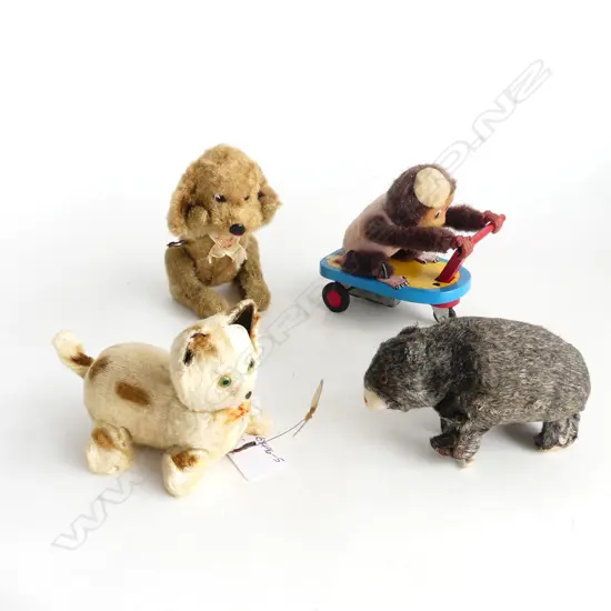 4 RETRO WIND-UP TIN TOYS, DOG, CAT, BEAR & MONKEY, made in Japan