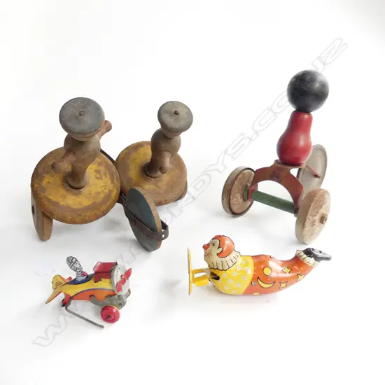 4 ANTIQUE TOYS; 2 TIN CLOCKWORK, 2 PULL ALONG