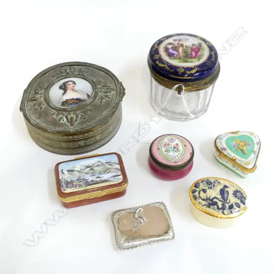 7 ASST. LIDDED CONTAINERS; 3 HALCYON DAYS ETC, LARGEST 105mm dia