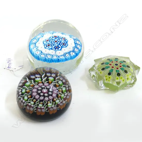 3 MILLEFIORI PAPERWEIGHTS; BLACK PERTHSHIRE, STAR STRATHEARN, BLUE MURANO 75mm dia