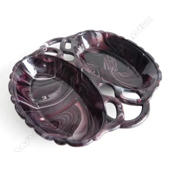 VICTORIAN SOWERBY PURPLE MALACHITE GLASS TWO COMPARTMENT DISH C. 1870’S L. 190mm