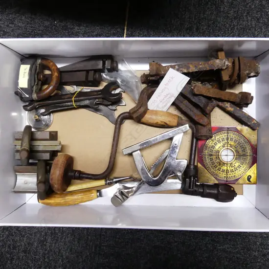 BOX LOT ASST. METAL ITEMS; SMALL LACE IRON, SPANNERS, NUT CRACKER ETC
