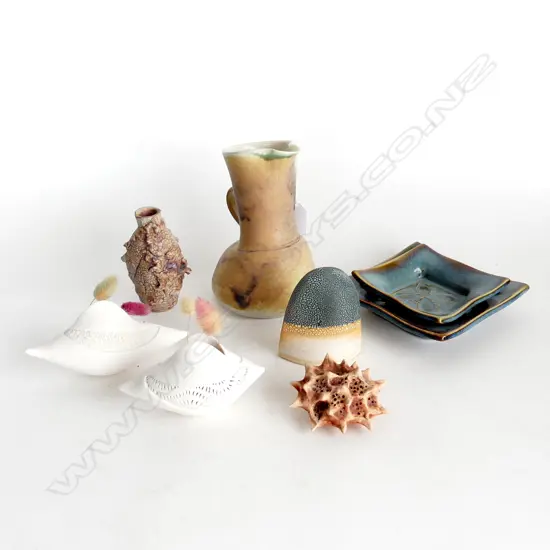 ASST QUALITY STUDIO POTTERY 8 PCES: jug. 2 dishes by M .Bow. 2 porcelain eliptical vases. sea secret. etc