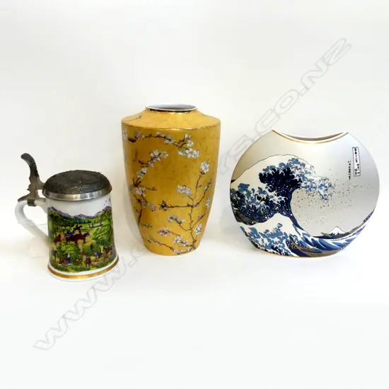 3 PCES CHINA; GOEBEL VAN GOGH VASE H.240mm, GREAT WAVE VASE, FRANKLIN PORZELLAN TANKARD