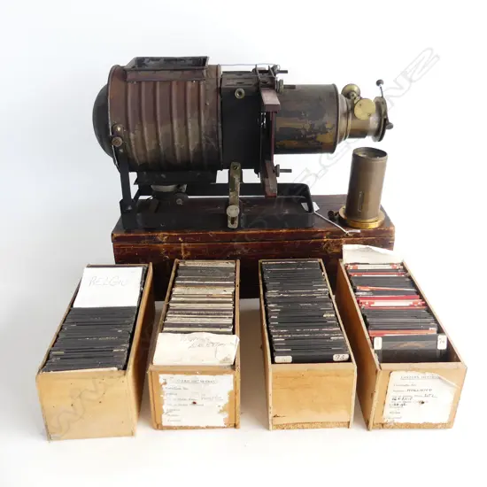 ANTIQUE LATERNA MAGICA PROJECTOR L.440mm + ASST. AUCKLAND / NZ / ROME / BELGIUM / BIBLE SLIDES ETC