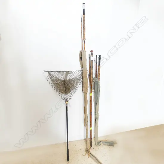 3 VINTAGE CANE FISHING RODS (1x 2 PCE, 2x 3 PCE) + FOLDING NET