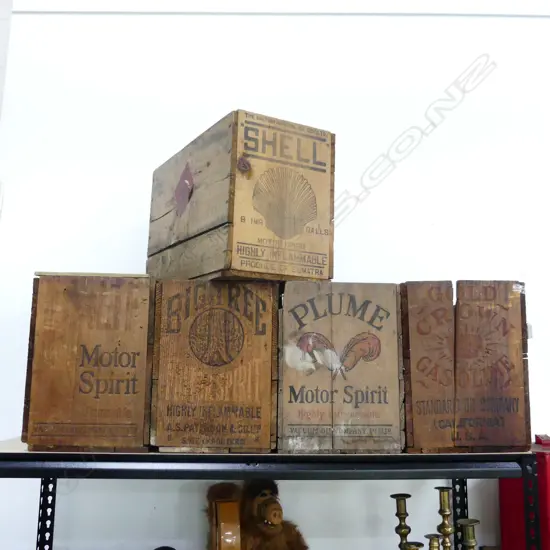 5 VINTAGE WOODEN PETROL CRATES; SHELL, BIG TREE, PLUME, CROWN & KALIF MOTOR SPIRITS 265x530x370mm