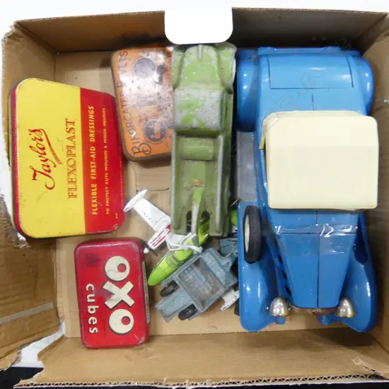 BOXOF OLD TINS & TOY CARS INCL. FUNHO TRUCK