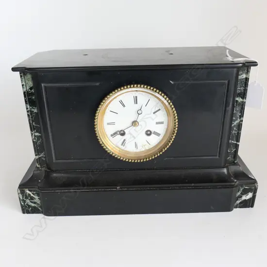 ANTIQUE BLACK SLATE MANTEL CLOCK, SOME FAULTS, W.350mm x H.210mm (not running)