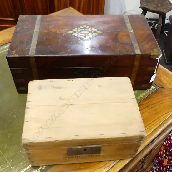 2 VINTAGE WOODEN BOXES; A. FILLINGHAM W.305mm, INLAID MAHOGANY W.505mm