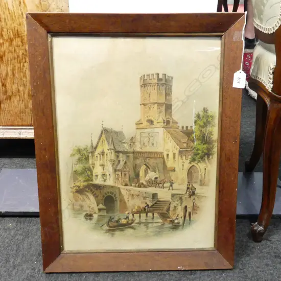 ANTIQUE PRINT, EUROPEAN VILLAGE SCENE 485x350mm