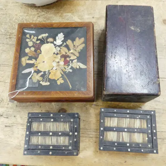 4 VINTAGE BOXES; DRIED FLOWERS 200x200mm, 2 QUILL W.120mm, OTHER