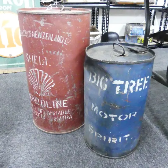 2 LG VINTAGE PETROL TINS; BIG TREE H.440mm, SHELL BENZOLINE H.575mm