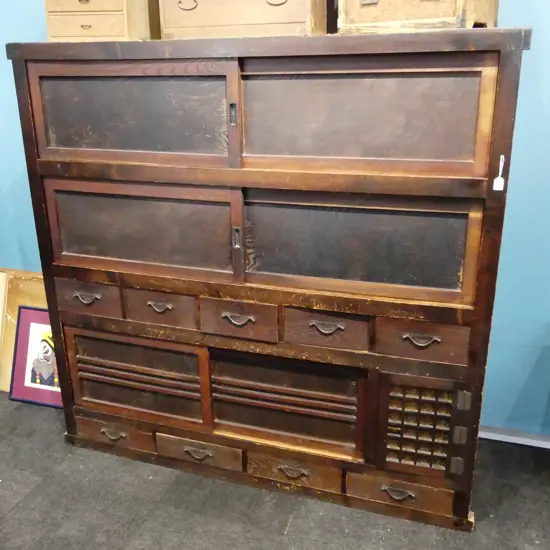 EARLY 1900’S JAPANESE MONOIRE-DANSU CYPRESS CEDAR RED PINE KEYAKI WOODS      H1636 W1694 D485mm OLD BORER DAMAGE FUMIGAT