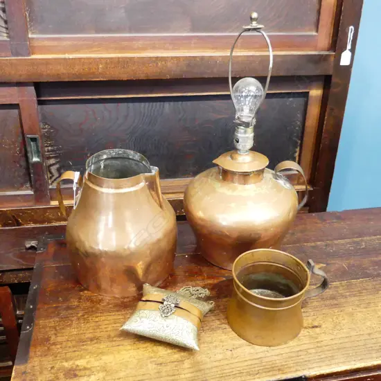 4 ASSTD COPPERWARE, 2POTS, LAMPSHADE & SML PURSE