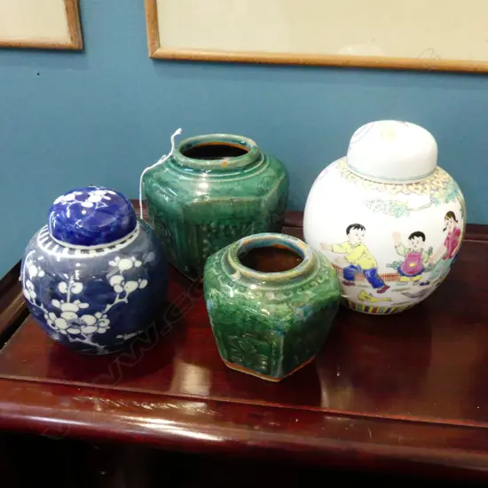 4 GINGER JARS; 2 GREEN GLAZED + 2 LIDDED H.150mm