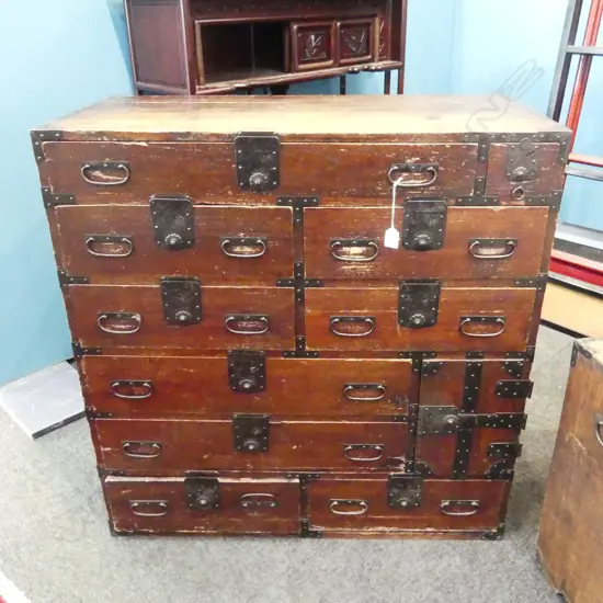JAPANESE1890’S SHOP CHEST combination of 14 drawers & 1 door. Studded metal fittings. H.930mm