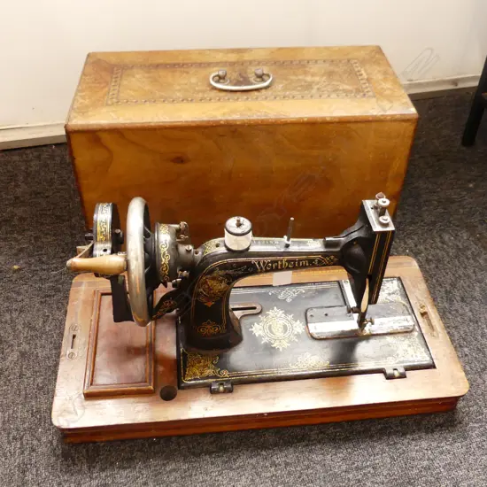 WERTHIEM HAND CRANK SEWING MACHINE IN WOODEN INLAID CASE