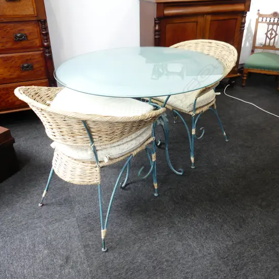 3 PCE PATIO SET; GLASS TOPPED TABLE 1000mm dia, PR CANE & METAL CHAIRS