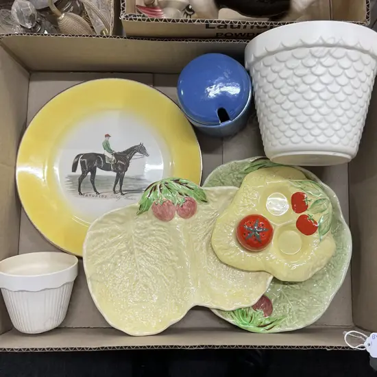 BOX LOT OF NZ & CROWN LYNN CHINA ETC Horse plate + molded china etc. Ex. Helen Slater