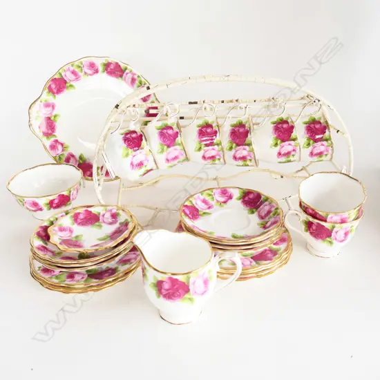 OLD ENGLISH ROSE BONE CHINA TEASET, ROYAL ALBERT WITH 8 CUPS (2 DIFFERENT SHAPE) PLUS WIRE STAND