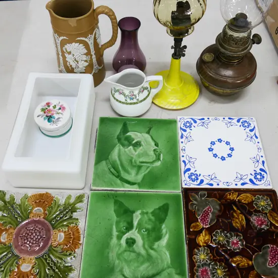 BOX LOT LAMPS CHINA DOG TILES ETC