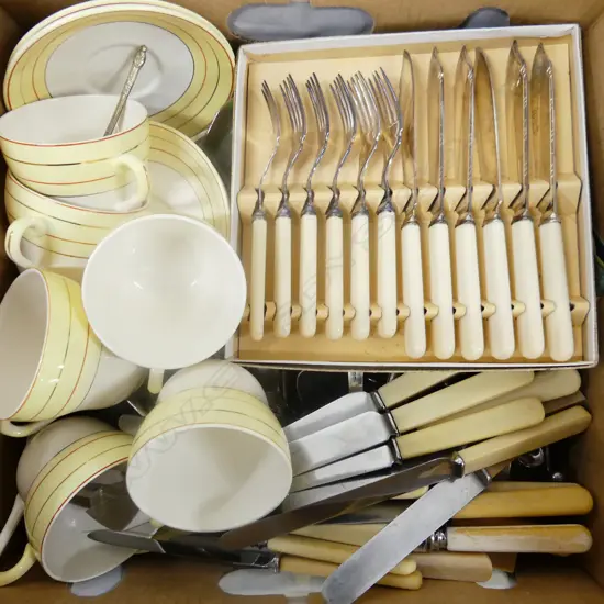 BOX LOT CUTLERY INCL. 'BONE' HANDLE KNIVES, CROWN LYNN TEA SET